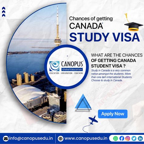 Want to Study in Canada? 🇨🇦🤔 ✅ Your chances of getting a Canadian student visa are strong. With over 100,000 international students choosing Canada each year, it’s a top study destination.👨🏻‍🎓 ✅ Let us guide you through the process Apply now with Best Canada Study Visa Consultant In Surat - 𝗖𝗔𝗡𝗢𝗣𝗨𝗦 𝗚𝗟𝗢𝗕𝗔𝗟 𝗘𝗗𝗨𝗖𝗔𝗧𝗜𝗢𝗡. 😯 📌CONTACT @canopus_global_education 📌 🌎VISIT OUR WEBSITE : https://canopusedu.com/ 🌎FOR MORE INFORMATION CALL & WHATSAAP : 📲90999-06972 📨MAIL US YOUR RESUME : canopusvisa@g... Canada Study Visa, Student Posters, Canada Study, Visa Consultant, Study In Canada, Student Visa, Social Media Advertising Design, Global Education, Advertising Design