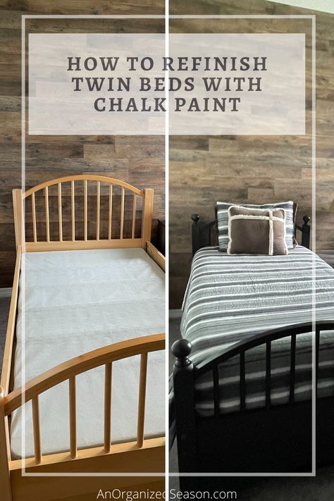 How to refinish twin beds with chalk paint for a whole new look! #anorganizedseason # chalkpaint #paintedfurniture #furnituremakeover #chalkpaintedfurniture #upcycledfurniture #refinishedfurniture #upcycle via @anorganizedseason Chalk Painted Bed Frame, Chalk Paint Bed, Painted Bed Frames, Rustoleum Chalk Paint, Painted Kitchen Tables, Diy Paint Projects, Painted Beds, Black Chalk Paint, Round Beds