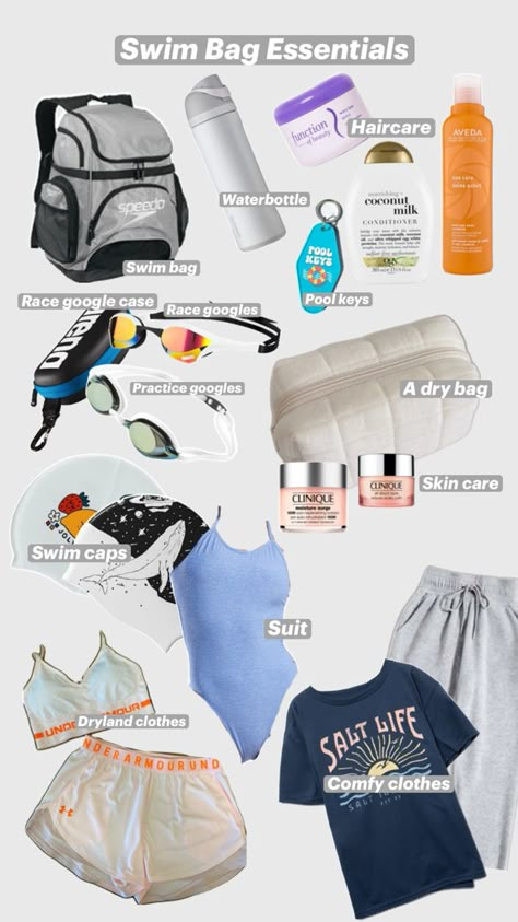 Everything you need in a swim bag Swim Bag Essentials, Swimming Drills, Swimming Motivation, Swimming Memes, Swimming Pictures, Swimmers Life, Swim Bag, Swimming Equipment, Swim Life