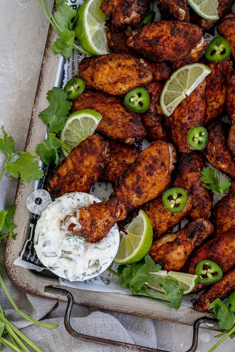 Mexican Chicken Wings (Air Fryer) Mexican Chicken Wings, Chicken Wings Grilled, Air Fryer Mexican, Wings Grilled, Cilantro Dip, Grilled Wings, Grilled Chicken Wings, Air Fried Chicken, Fried Chicken Wings