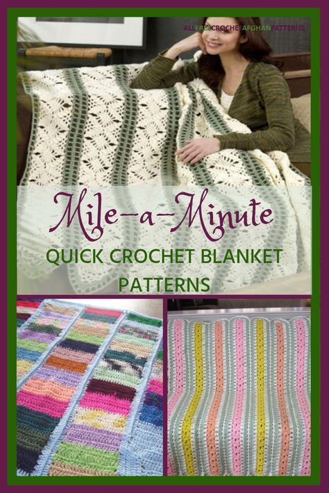 Sometimes slow and steady doesn't win the race, at least not when you have a small window of time and the urge to crochet! Mile-a-Minute Crochet: 25 Quick Crochet Blanket Patterns features free crochet afghan patterns that use the mile-a-minute crochet technique to speed up the process. Fast Crochet Throw Pattern Free, Free Throw Blanket Crochet Pattern, Mile A Minute Crochet Pattern Free Easy Pattern, Weekend Afghan Crochet Free Pattern, Crochet Fast Blanket, Crochet Twin Size Blanket Pattern Free, Mile A Minute Afghan Patterns Free, Small Blanket Crochet, Mile A Minute Afghan