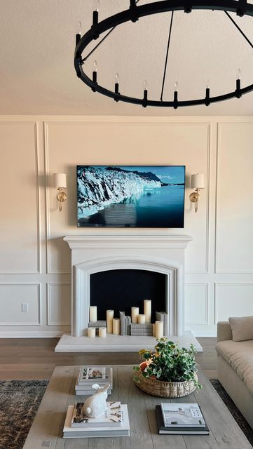 Wall Moulding Over Fireplace, Picture Molding Around Fireplace, Living Room Panelling Fireplace, Fireplace Tv Wall Moulding, Living Room Panelling With Fireplace, Wainscoting Next To Fireplace, Wainscoting Ideas Around Fireplace, Panelling Living Room Fireplace, Molding On Fireplace Wall