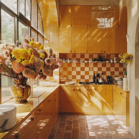 1970s Style House, 70s Home Bathroom, 70s Decor Kitchen, 70s Inspired Kitchen, 70s Kitchen Aesthetic, 70s/80s House Interior, 70s Interior Design Magazine, Retro Orange Kitchen, 70s Yellow Kitchen