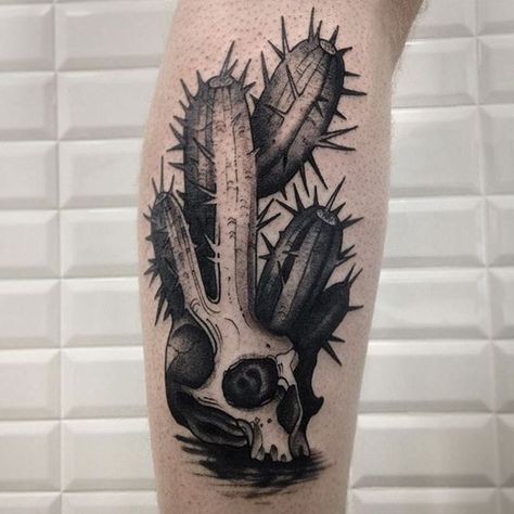 Cactus Skull Tattoo by Alessandro Micci #cactus #blackwork #blackworkartist #blackink #blackworker #AlessandroMicci Cactus Skull Tattoo, Mexican Skull Tattoos, Traditional Black Tattoo, Cactus Tattoo, Skull Sleeve Tattoos, Skull Sleeve, Chicano Art Tattoos, Tooling Patterns, Plant Tattoo