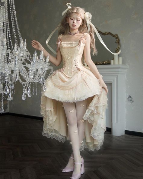 🥂🥂Champagne princess Lolita dress with lace-up details design. 🧚‍♀️🧚‍♀️Full set includes boned corset top, layered high-low skirt. 🤩🤩Price: $99.50 👉👉Search' CARA-045' on devilinspired.com #devilinspired #princessdress #lolitacoord #eglcommunity #lolitadresses #princesslolita Corset Skirt, Gold Shorts, High Low Skirt, Antique Dress, Dress Suit, Black Set, Lolita Dress, Champagne Gold, Dress Suits