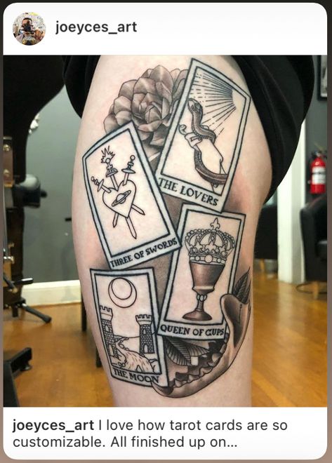 the lovers, three of swords, queen of cups, the moon, succulent, & mink jawbone tattoo on thigh Heart With Three Swords Tattoo, King Of Cups Tattoo, Queen Of Swords Tattoo, Queen Of Cups Tattoo, 3 Of Swords Tattoo, Three Of Swords Tattoo, King Of Cups, Tarot Card Tattoo, Cup Tattoo