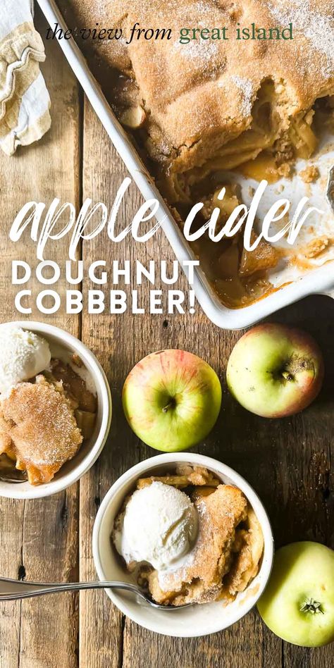 One of a kind Apple Cider Doughnut Cobbler ~ it's apple cobbler meet cider doughnuts for the most creative new fall dessert! Apple Cider Desserts, Apple Cider Doughnut Recipe, Delicious Apple Recipes, Apple Cider Doughnut, Fourth Of July Recipes, Apple Coffee Cakes, Apple Cider Recipe, July Recipes, Apple Oatmeal