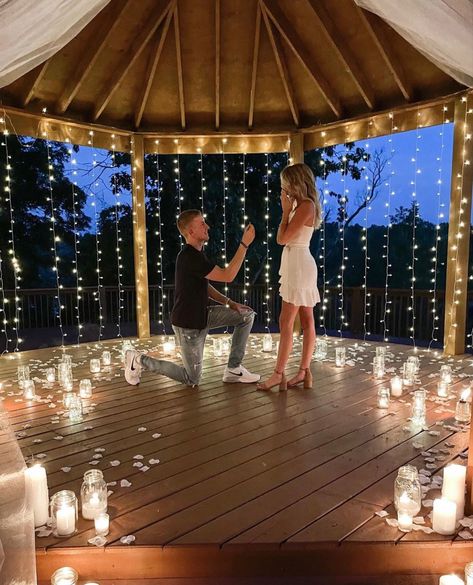 Proposal Ideas Night Lights, Proposal With Lights Romantic, Twilight Proposal Ideas, Proposal Decor Outdoor, Proposal Ideas Fairy Lights, Proposal Wedding Ideas, Candle Walkway Proposal, At Home Engagement Ideas, Pergola Proposal Ideas