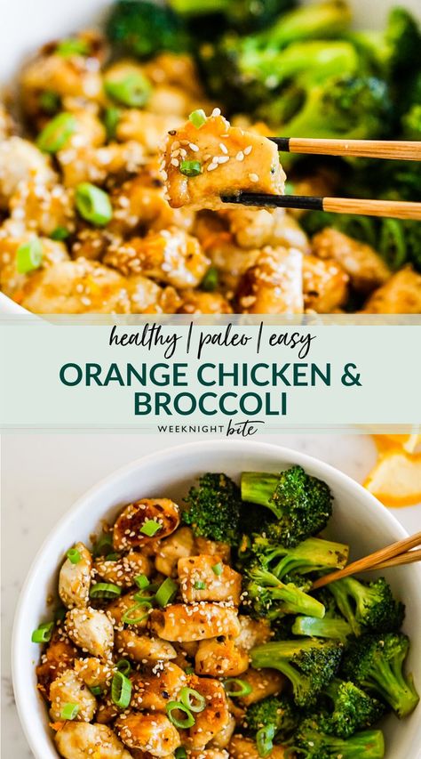 Paleo Orange Chicken and Broccoli | Weeknight Bite | This easy and delicious asian inspired dinner idea is a healthy update on the classic orange chicken recipe and uses only one pan! From gluten-free,, a bunch of simple & fresh ingredients and no additional sweeteners. You’ll love this quick & healthy spin on everyone’s favorite take-out! Orange Chicken Broccoli Recipe, Paleo Dinner Bowls, Orange Chicken With Broccoli, Paleo Chicken Bowl, Easy Healthy Orange Chicken, Paleo Orange Chicken Recipe, One Pan Paleo Dinners, Dinner Ideas Balanced, Easy Quick Paleo Dinners