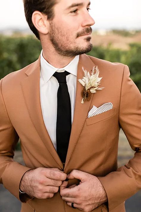 Fall Season Vibes For a Winery Wedding | Friar Tux Copper Mens Suit, Tan Suits With Burnt Orange, Earth Tone Tuxedo, Rust Tuxedo Wedding, Brown Tuxedo Wedding Groomsmen, Copper Tuxedo Wedding, Terracotta Tuxedo Wedding, Mens Wedding Tuxedo Ideas Fall, Brown Wedding Suits Groom