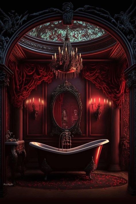 Gothic Baroque Interior Design, Vampire Bathroom Aesthetic, Luxury Red Bedroom Design, Gothic Bathtub, Vampire Bathroom, Vampire Castle Interior, Dracula Decor, Vampire Room Aesthetic, Black Bathroom Aesthetic