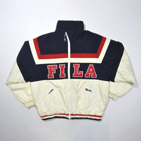 Vintage FILA 90s Puffer Jacket FILA Italia FILA Big Logo Fila... ($70) ❤ liked on Polyvore featuring outerwear, jackets, wind jacket, wind breaker jacket, streetwear jackets, windbreaker jacket and windcheater jacket 90s Hip Hop Style, Old School Jackets, Vintage Puffer Jacket, Fila Windbreaker, Fila Jacket, Vintage Windbreaker Jacket, Retro Coat, Fila Vintage, Streetwear Jackets