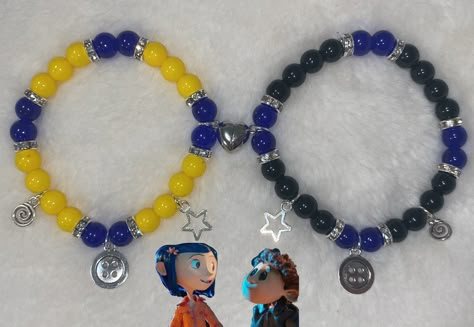 Coraline and Wybie Matching couples yellow and blue with silver button , swirl , & start charm bracelets . Matching Bracelets Song Lyrics, Matching Coraline Bracelets, Matching Glass Bead Bracelets, Coraline And Wybie Bracelets, Coraline Bracelet Ideas, Matching Bead Bracelets For Couples, Matching Bracelets Ideas, Coraline Bracelet, Glass Beads Bracelet Ideas