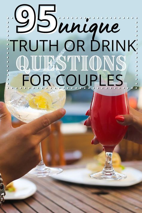 Looking for a fun game to play with your partner? Look no further than truth or drink questions! This list of questions is perfect for couples looking to get to know each other better. Play at your next party, or just when you're hanging out at home. Either way, you're sure to have a good time! Drinking Game Questions, Truth Or Drink Questions, Romantic Questions For Couples, Fun Relationship Questions, Couple Party Games, Truth Or Drink, Drinking Games For Couples, Fun Couple Games, Couples Game Night