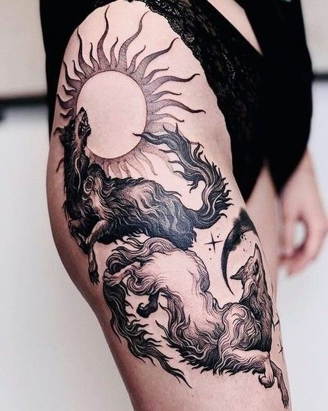 Dark Tattoo Ideas, Thigh Tattoo Ideas, Fenrir Tattoo, Tattoo Ideas Inspiration, Muster Tattoos, Wolf Tattoos, Dark Tattoo, Dope Tattoos, Blackwork Tattoo