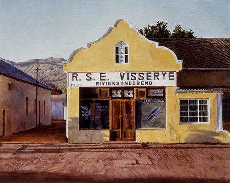 Small Town Shops, John Kramer, Town Building, Messy Nessy Chic, Living Under A Rock, Small Victories, South African Artists, Shop Fronts, Unique Paintings