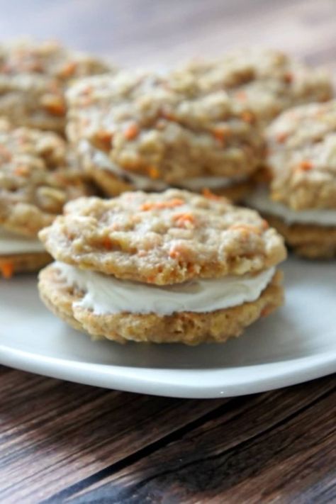 Recipe for Carrot Cake Sandwich Cookies with Cream Cheese Frosting | Today's Mama Carrot Sandwich, Carrot Cake Sandwich Cookies, Cookies With Cream Cheese Frosting, Mini Carrot Cake, Cinnamon Applesauce, Cookies With Cream Cheese, Cake Sandwich, Carrot Cookies, Mini Carrots