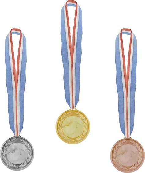 Watercolor illustration collection of three winner medals. Gold, silver and bronze sport medal. Round shape, with bright red and blue ribbons. Medal Illustration, Winner Graphic, Sport Medal, Bible Board, Marathon Medal, Sports Medals, Olympic Gold Medals, Olympic Medals, Gold Medal