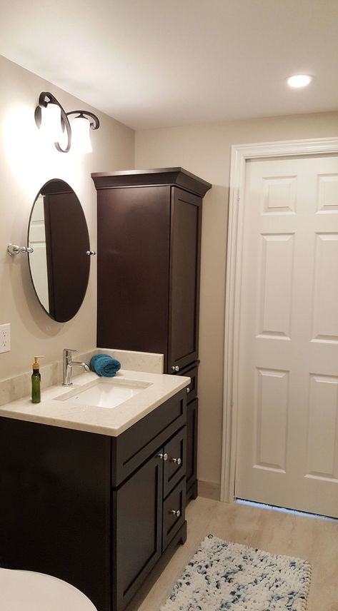 Espresso Bathroom Vanity & Linen Tower - Transitional - Bathroom - Other - by Germano Creative Interior Contracting Ltd | Houzz Espresso Vanity Bathroom, Espresso Vanity Bathroom Ideas, Espresso Bathroom Vanity, Espresso Vanity, Creative Interior, Transitional Bathroom, Ensuite Bathroom, Pebble Stone, Bathroom Renos