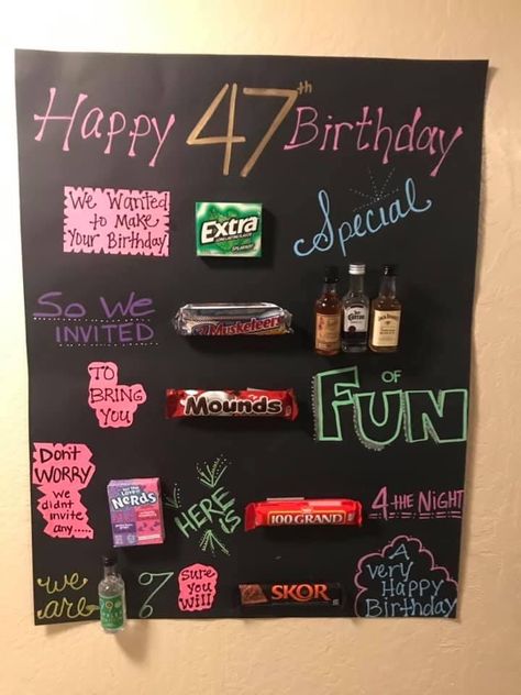 47th Birthday Ideas For Him, Birthday Candy Board, Diy 21st Birthday Gifts, Candy Bar Cards, Happy 47th Birthday, Old Man Birthday, Male Gifts, Birthday Money Gifts, 40th Bday Ideas