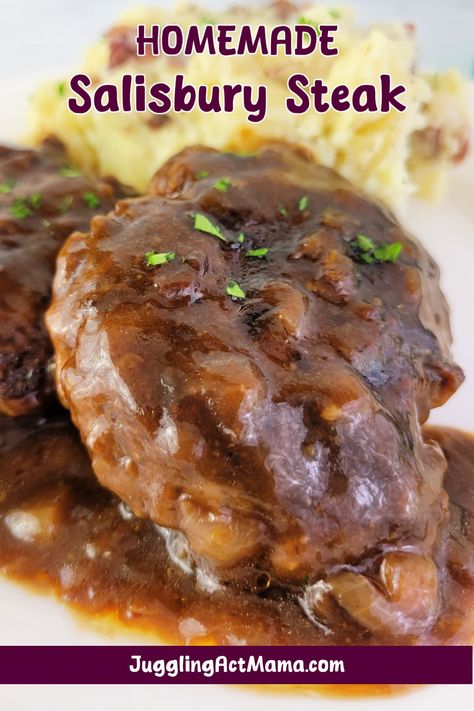 Home Made Salisbury Steak, Simple Salisbury Steak Recipe, Salisbury Steak Recipe Easy Oven, Salbery Steak Recipe Easy, Salsbury Steaks, Hamburger Salisbury Steak, Salisbury Steak Recipe Oven, Salisbury Steak Recipe Easy, Easy Salisbury Steak Recipe