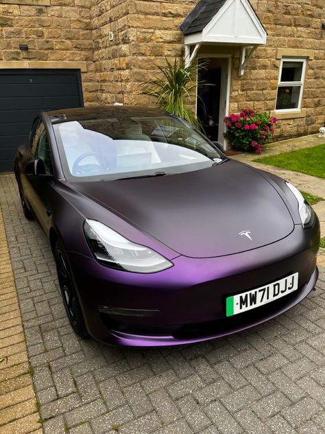 Tesla Aesthetic Model 3, Purple Tesla, Tesla Colors, Purple Tesla Model 3, Aesthetic Tesla Car, Tesla Model Y Blue, Tesla 3, Purple Car, Car Wraps