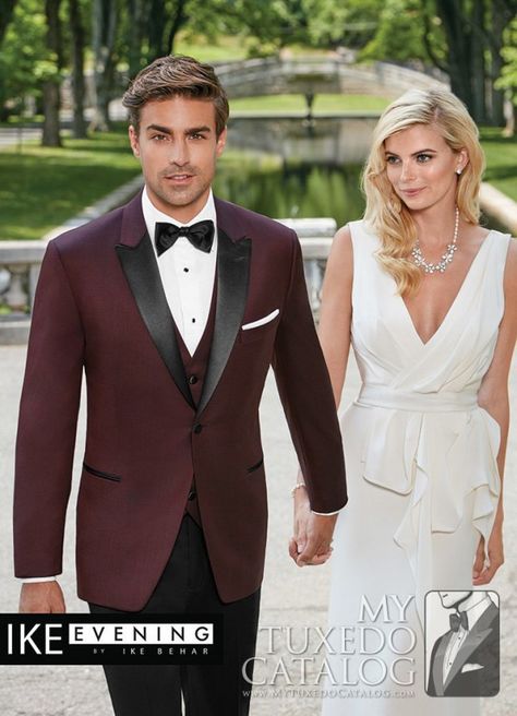 Burgundy 'Marbélla' Tuxedo from http://www.mytuxedocatalog.com/catalog/rental-tuxedos-and-suits/c1023-burgundy-marbella-slim-tuxedo/ White Tuxedo Wedding, Tuxedo Styles, Tuxedo Colors, Red Tuxedo, Burgundy Tuxedo, Wedding Tux, Prom Tuxedo, Wedding Tuxedo, Maroon Wedding