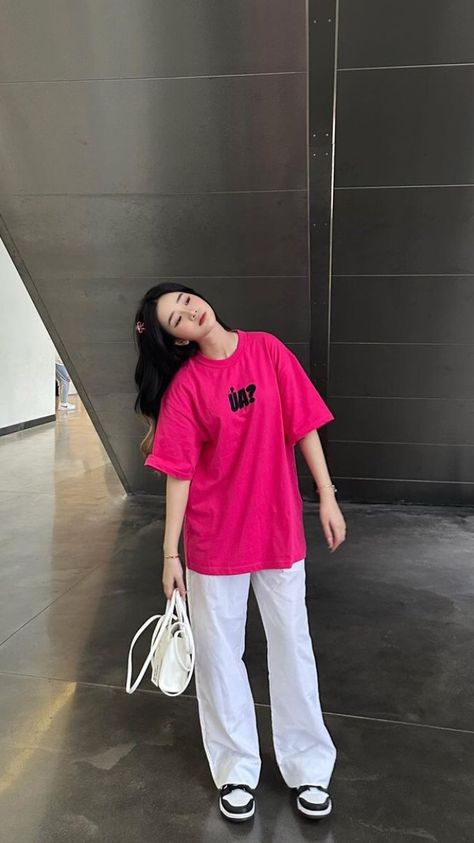 Outfit Korean, Ootd, Pants, Pink, T Shirt, White, Trousers