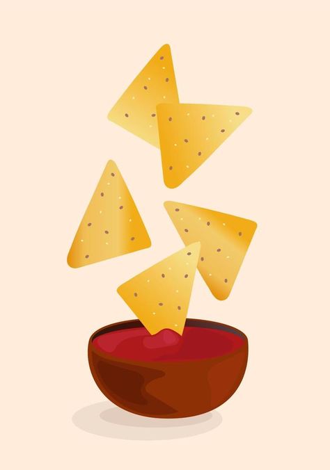 Flying nachos with sauce. Mexican national food. Traditional mexican cuisine illustration. Fast food. Street food drawing. Best for restaurant menu and package design. Vector illustration. Nachos Logo Design, Nachos Drawing, Mexican Food Illustration, Street Food Drawing, Nachos Illustration, Mexican Restaurant Menu Design, Food Traditional, Yw Activities, Recipe Drawing