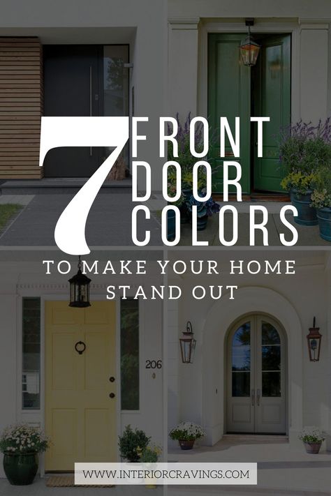 7 FRONT DOOR COLORS - inspiration images and paint colors listed inside Door Colors For Brick House, Front Door Colors Inside, Exterior Shutter Colors, House Doors Colors, Entry Door Colors, Exterior Front Door Colors, Painted Exterior Doors, Exterior House Doors, Best Front Door Colors