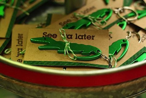 See ya later, Alligator!  Alligator key ring party favors. Mens Birthday Party Favors, Birthday Gifts For Guys, Bayou Party, Gator Party, Alligator Birthday Parties, Crocodile Party, Swamp Party, Alligator Party, Alligator Birthday