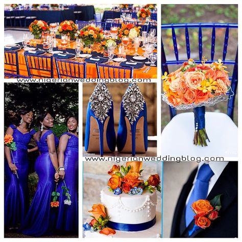 “Royal blue & orange wedding colors ! .  Inspired by the beautiful decor and bouquet, photo by #RowellPhotography | The beautiful bridesmaids, photo by…” Royal Blue And Orange Wedding, Orange Wedding Color Scheme, Orange And Blue Wedding, Blue And Orange Wedding, Blue Orange Weddings, Orange Wedding Decorations, Royal Blue Wedding Theme, Orange Centerpieces, Wedding Color Schemes Blue