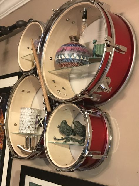 Drum Room Decor, Drum Set Room, Repurposed Drums, Band Practice Room, Repurposed Instruments, Instrument Furniture, Drum Decor, Rock And Roll Room, Music Themed Rooms