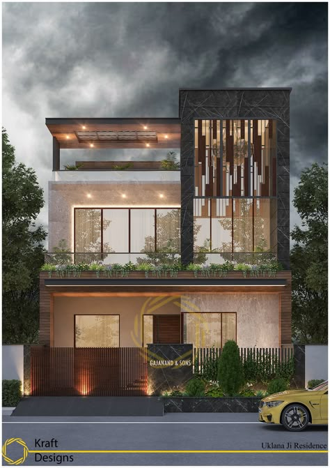 Double Height Front Elevation, Fasade House, Front Pillars, Residence Elevation, Villa Facade, House Structure Design, Elevation Ideas, Building Front Designs, Bungalow Interiors