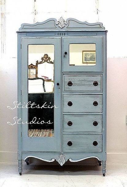 new life for a old chifferobe, painted furniture, The finished product Blue Armoire, Greenish Grey, Painting Wooden Furniture, Shabby Chic Dresser, Wicker Decor, Furniture Rehab, Antique Blue, Distressed Furniture, French Grey