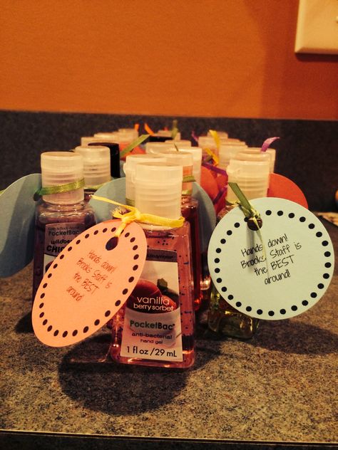 Mini hand sanitizers with custom tags for Staff Appreciation Week. Staff Appreciation Week, Staff Appreciation Gifts, Volunteer Gifts, Nurses Week Gifts, Volunteer Appreciation, Staff Gifts, Employee Appreciation Gifts, Hand Sanitizers, Staff Appreciation