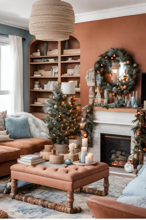 Terracotta Christmas Decor, Terracotta Fireplace, Terracotta Christmas, Terracotta Kitchen, Terracotta Walls, Fireplace Christmas, Neutral Christmas Decor, Orange Christmas, Cottage Living Rooms