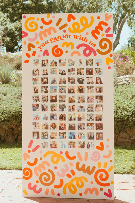 Modern Colorful Photo Seating Chart For Weddings #seatingchart #escortsign #photoseatingchart #uniqueseatingchart #colorfulseatingchart Wedding Centerpiece Photos, Bright Wedding Signage, Creative Wedding Seating Chart, Citrus Centerpieces, Wedding Photo Backdrop Ideas, Seating Chart Wedding Ideas, Unique Wedding Seating Chart, Photo Seating Chart, Colorful Modern Wedding