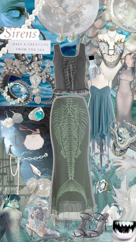 siren outfit 🐚🌊🫧🐡 - - - #ocean #oceanaesthetic #gothic #goth #siren #sirenaesthetic #mermaid #sea #seashells #outfit #outfitcheck #outfitinspo #outfitinspiration #skirt #shirt #purse #earrings #jewelry #shoes #heels #boots #skelleton #mythical #mythology #halloween #rings #collages #aesthetic Siren Jewelry, Collages Aesthetic, Halloween Rings, Goth Mermaid, Siren Outfit, Straight Eyebrows, Easy Diy Clothes, Almond Eyes, Clear Winter