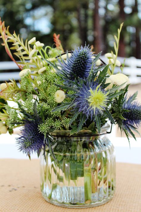 Herb Flower Arrangements Wedding, Thistle Table Decorations, Blue Thistle Arrangement, Scottish Floral Arrangements, Scottish Flower Arrangements, Thistle Wedding Centerpieces, Herb Flower Arrangements, Thistle Cupcakes, Blue Thistle Centerpiece