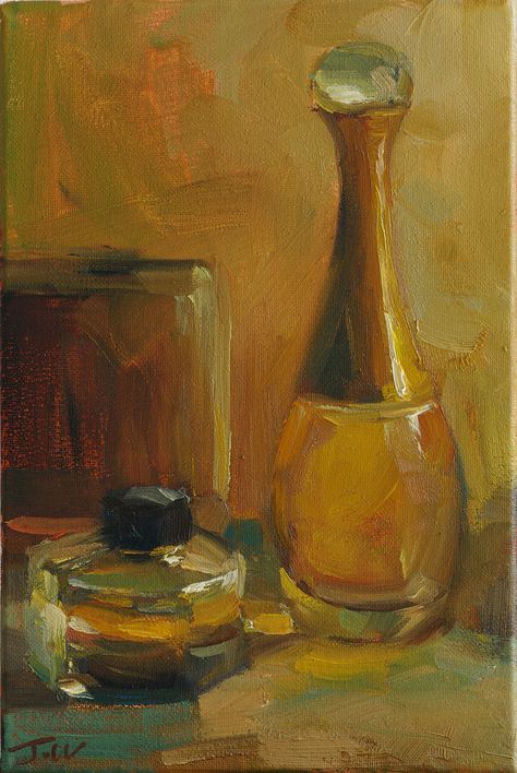 Oil Painting Objects, Perfume Painting, Makeup Still Life Painting, Glass Still Life Painting, Perfume Art Painting, Bottle Still Life Painting, Oil Painting Glass Bottle, Figurative Art Painting, Old Master Still Life Paintings