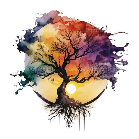 Watercolor Tree of Life With Sunset Sublimation PNG, Tree of Life... Tree Of Life Sketch, Watercolor Tree Of Life, Life Sketch, Art Supplies Storage, Eco Friendly Art, Clark Art, Watercolor Tree, Viria, Color Magic