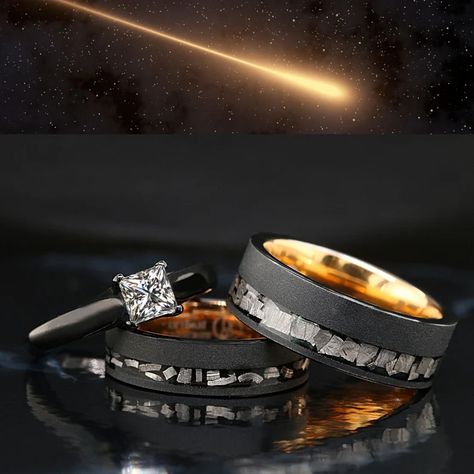 His and Her 3 Piece Real Meteorite Ring Tungsten Gold Plated & - Etsy Unique Wedding Rings Sets Couples, His And Hers Rings Wedding, Unique Matching Wedding Rings, Women’s Wedding Rings, Meteorite Ring Engagement, Wedding Bands His And Hers Unique, Matching Rings For Couples Wedding Bands, Wedding Rings Sets His And Hers Unique, Wedding Ring Sets His And Hers