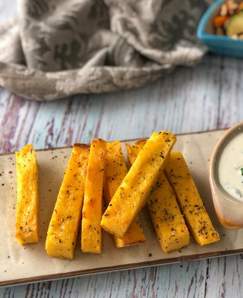 Baked Polenta Fries Recipe Fried Polenta Fries, Fried Polenta Recipes, Cheese Fritters Recipe, Polenta Fries Baked, Fried Polenta, Sweet Potato Green Beans, Polenta Frita, Roasted Vegetable Lasagna, Fries Recipes