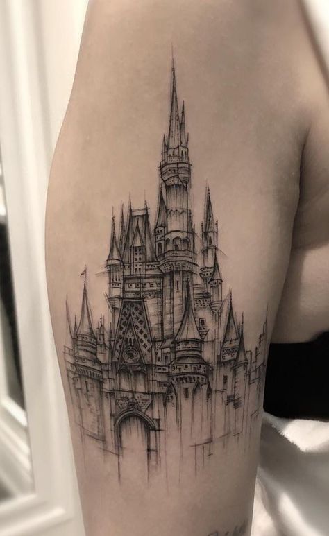 Disney Castle Tattoo, Family First Tattoo, Disney Sleeve Tattoos, Hp Tattoo, Castle Tattoo, Tattoo Placements, Disney Sleeve, Best Architecture, Theme Tattoo