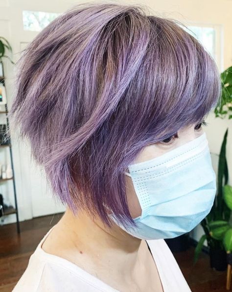 Lilac Balayage on Pixie Bob with Side Bangs Long Pixie Bob Haircut, Lilac Balayage, Smokey Lavender, Long Pixie Bob, Tapered Pixie, Short Purple Hair, Choppy Bob Hairstyles For Fine Hair, Hairstyles Trending, Pixie Bob Hairstyles