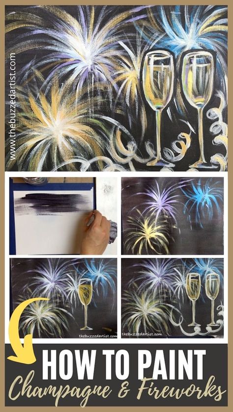 Diy New Years Eve Decorations, Firework Painting, Easy Art Lessons, New Year Art, Digital Art Beginner, Family Painting, Learn How To Paint, Easy Canvas Painting, Acrylic Painting For Beginners