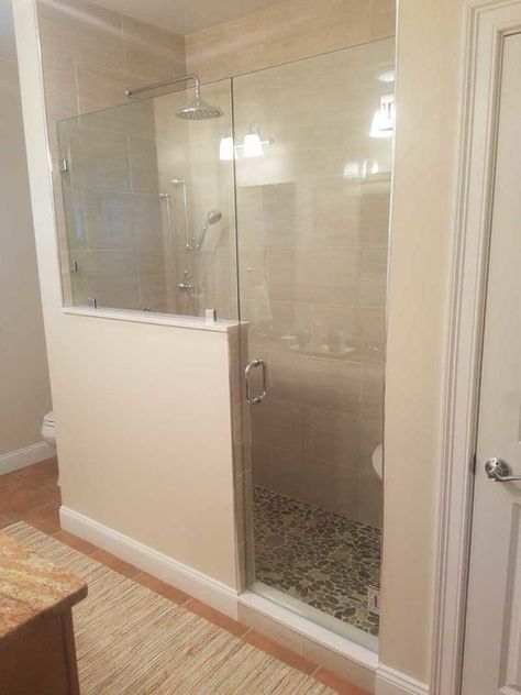 Frameless Shower Enclosure with Half Wall in Duxbury MA - Modern - Bathroom - Boston - by Signature Glass Inc. | Houzz Shower With Half Wall, Half Glass Shower Door, Half Wall Shower, Doorless Shower, Bathroom Design Black, Shower Basin, Half Walls, Frameless Shower Enclosures, Glass Shower Enclosures