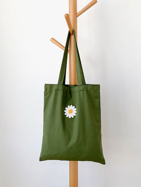 Verde Preppy Collar  Tela Floral Bolsa de compras Embellished   Bolsos Mujer Green Preppy, Canvas Shopper Bag, Green Tote Bag, Green Tote, Custom Tote Bags, Flower Detail, Fabric Floral, Shopper Bag, Printed Tote Bags