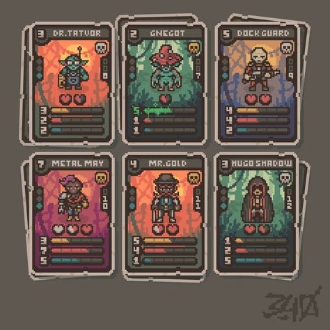 Pick Your Character Game, Game Concept Ideas, Card Game Character Design, Tabletop Games Aesthetic, Pixel Art Card Design, Game Dev Ideas, Pixel Concept Art, Pixel Card Game, Game Concept Design